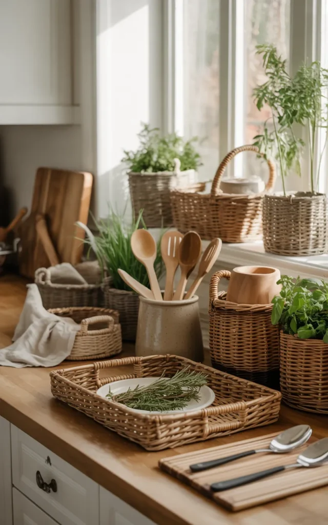 Use natural wood and rattan textures 🧺🌿