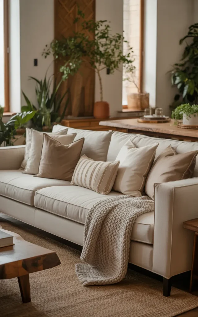 Anchor your space with a large neutral sofa