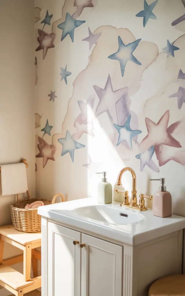 Stick peel-and-stick wallpaper behind the vanit