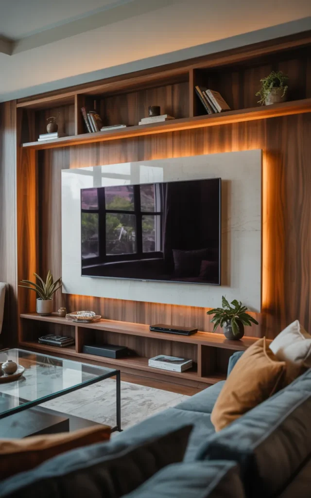 Add a wall-mounted TV with a styled frame