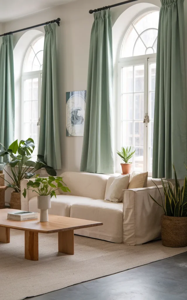 Add green curtains for a soft, flowing look
