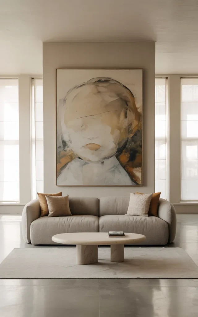 Hang an oversized statement artwork above the sofa