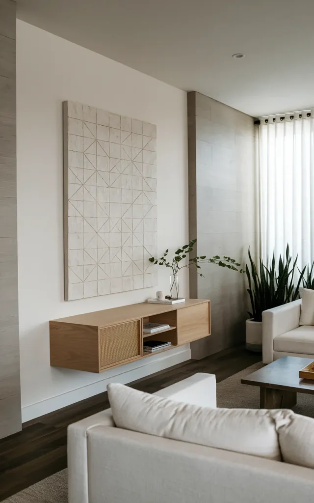 Mount a floating console with wall styling above
