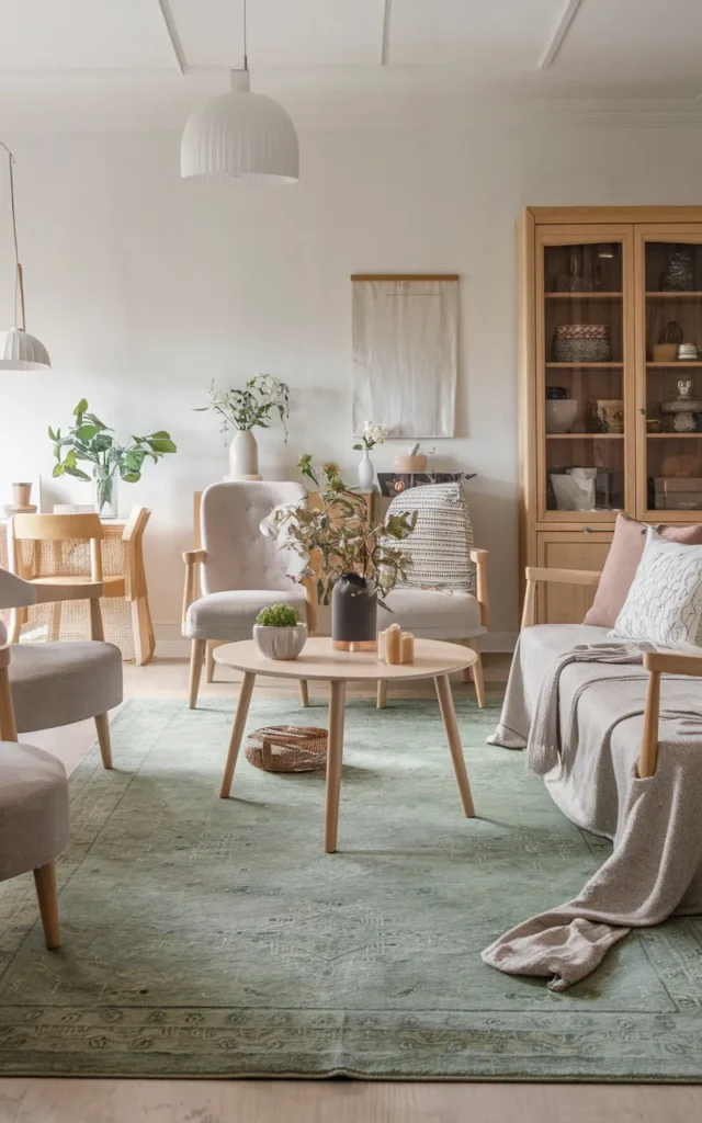 Style a green rug to ground the room