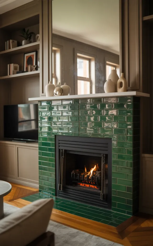 Use green tiles around a fireplace