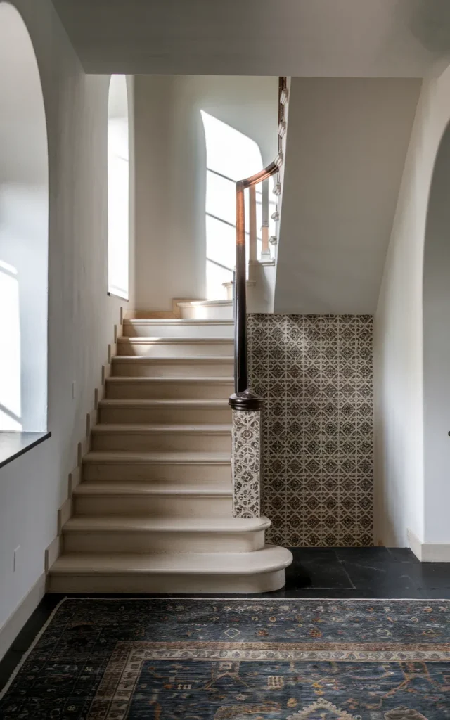 Add Dark Stair Risers With Patterned Tiles
