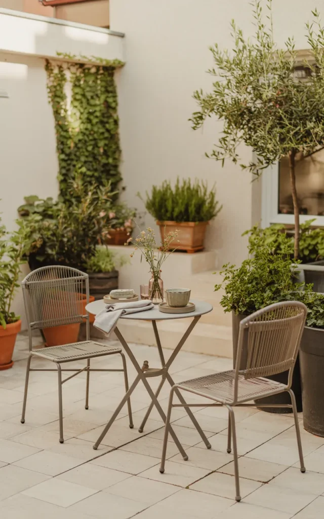 Add a compact bistro table for casual outdoor dining.