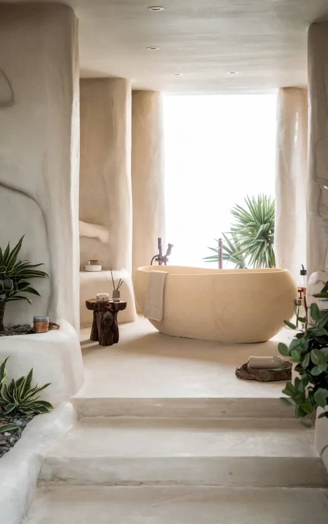 Add a freestanding stone or ceramic tub