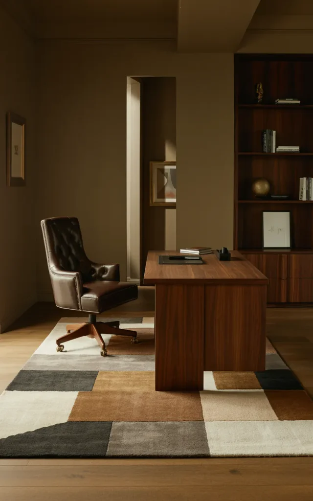 Add a large area rug under the workspace.