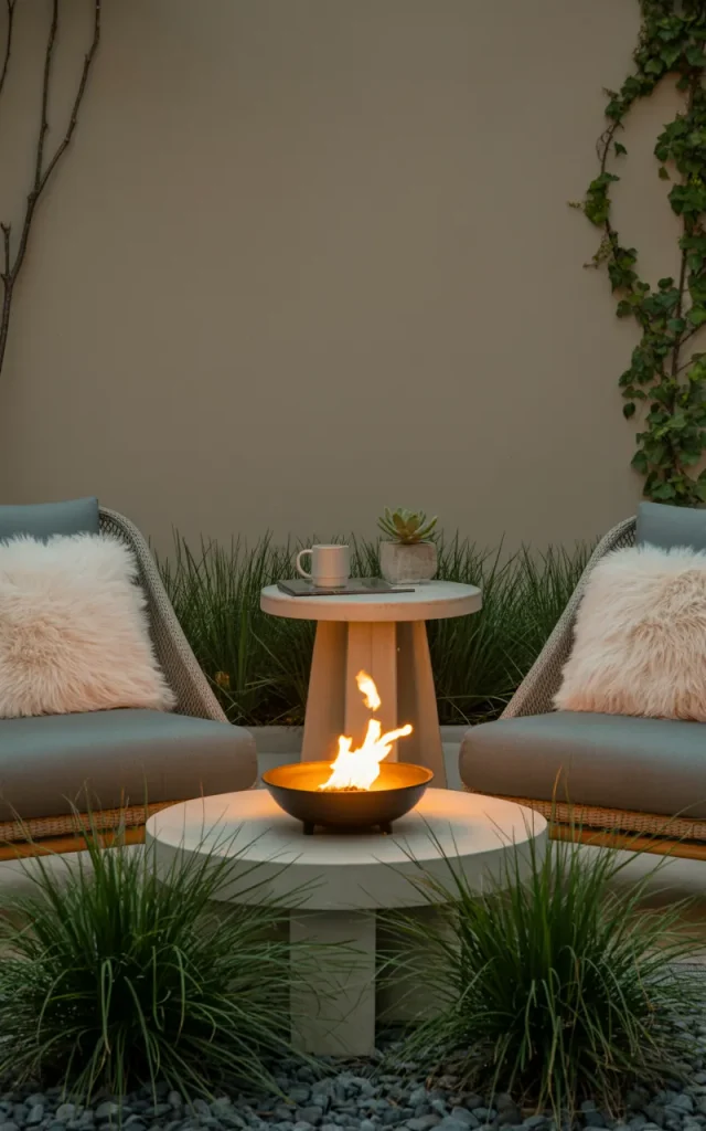 Add a tiny fire feature for evening coziness.