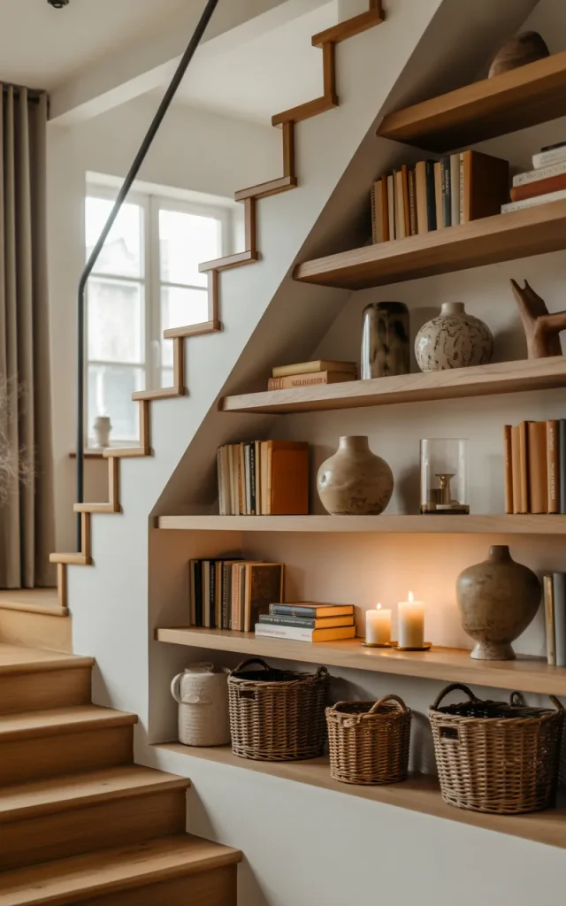 Add built-in shelving beside the staircase