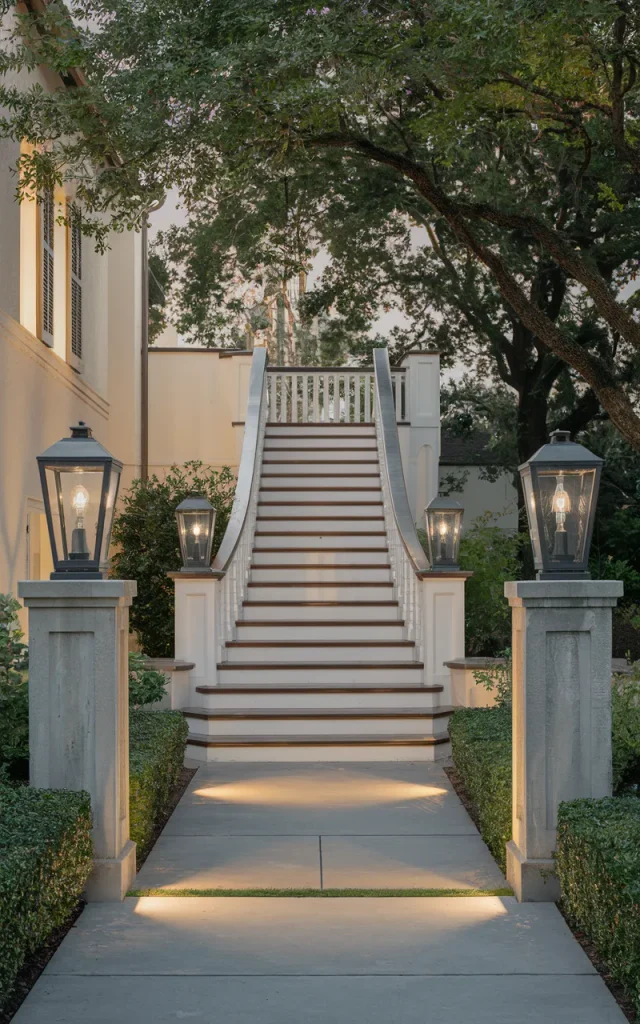 Anchor the staircase with statement lighting posts