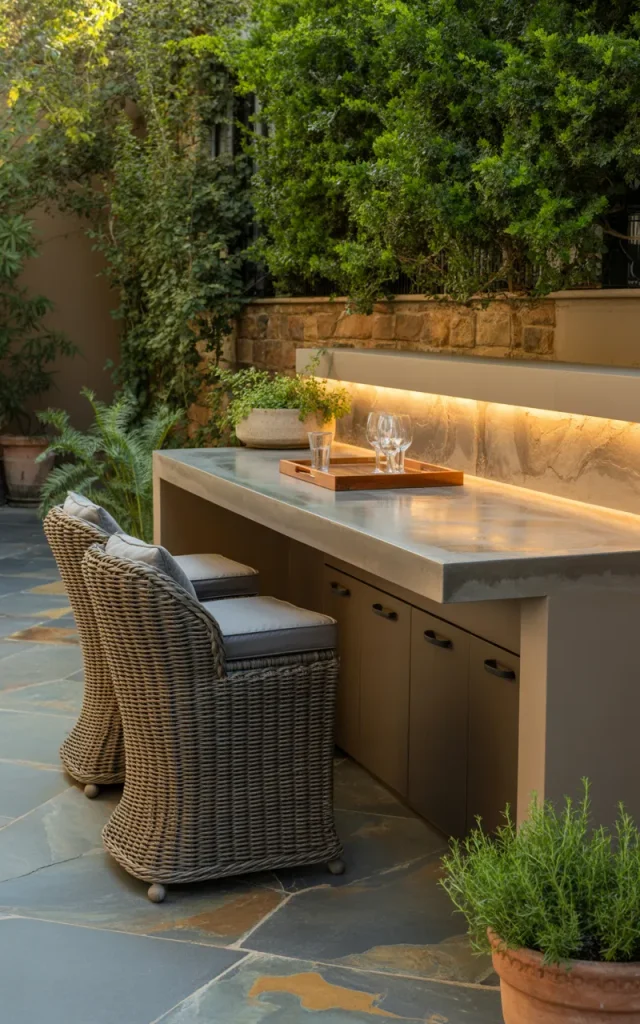 Build a narrow outdoor bar along the wall.