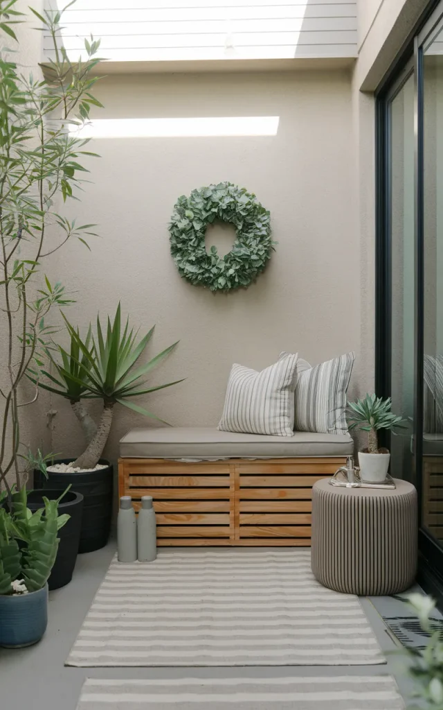 Choose a storage bench to hide outdoor clutter.