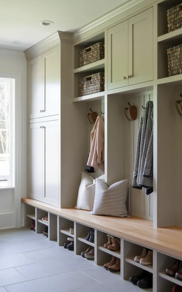 Combine open hooks with closed cabinets.