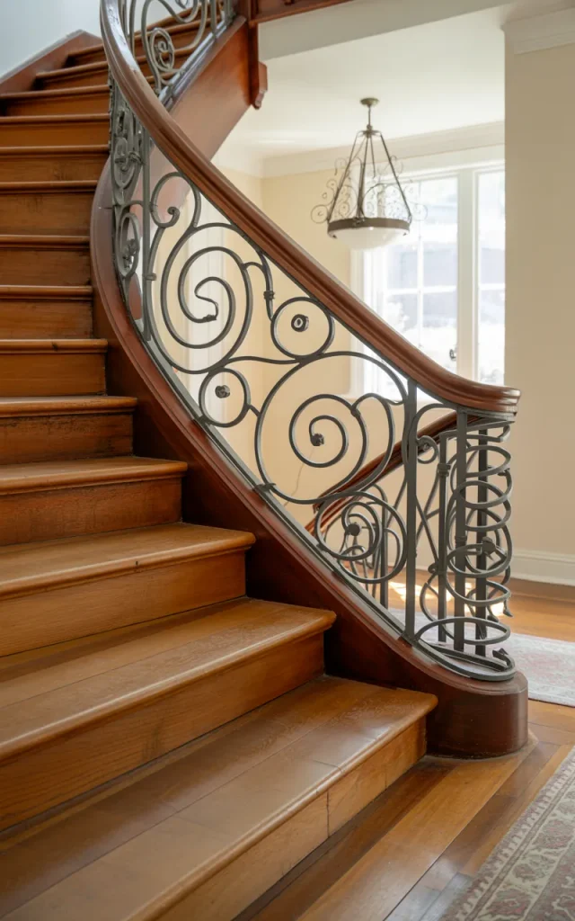 Combine wrought iron with wooden handrails for warmth