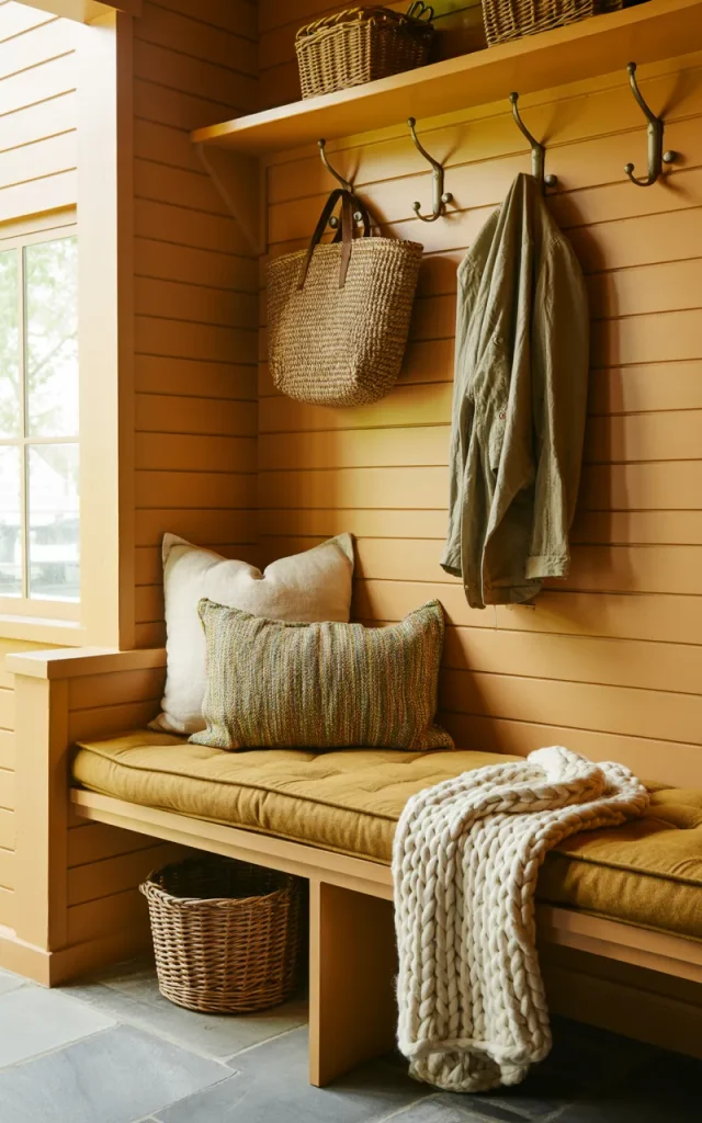 Create a cozy bench nook with layered texture.