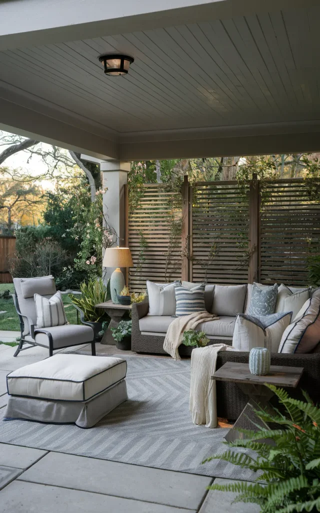 Layer outdoor rugs to define the seating area.