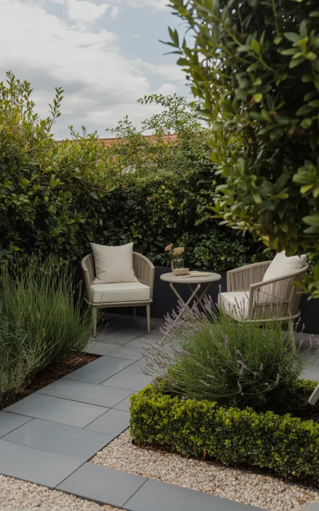 Define a tiny seating area with pavers.