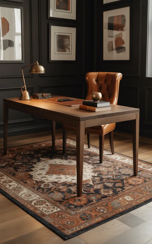 Define the workspace with a dramatic rug.