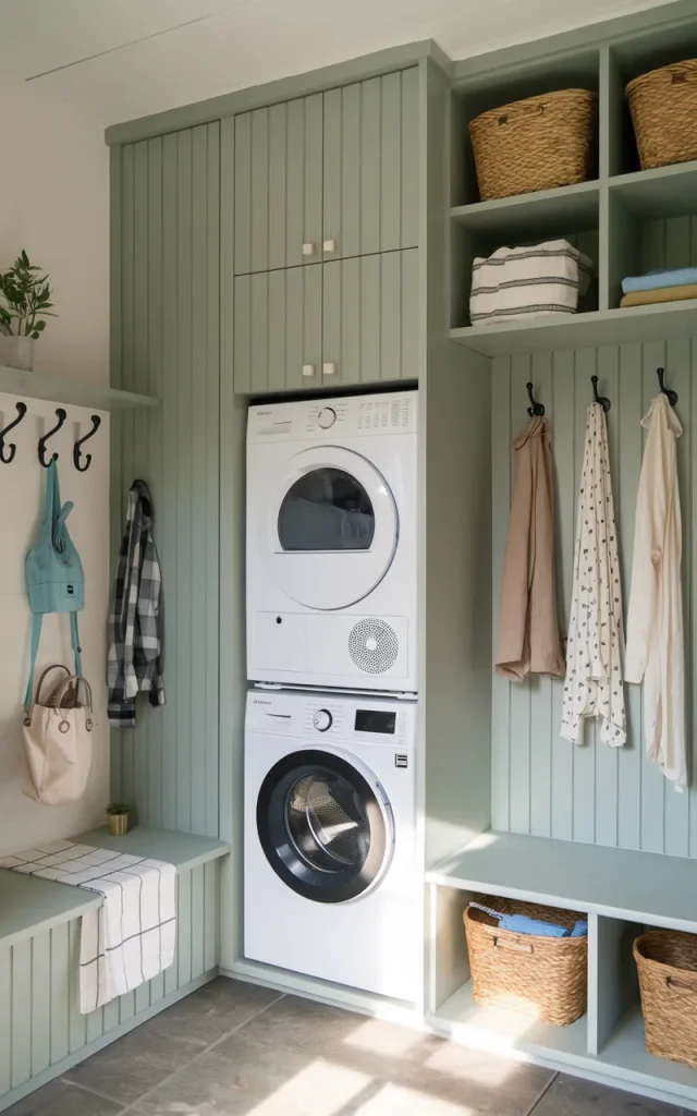 Design a hidden laundry-mudroom combination.