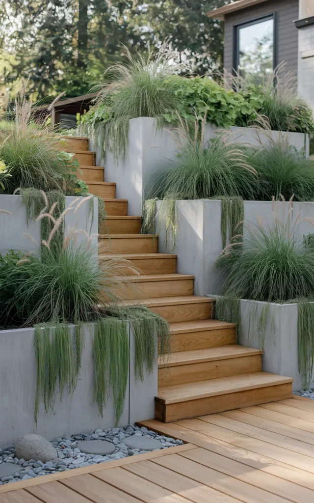 Frame the staircase with built-in planter beds