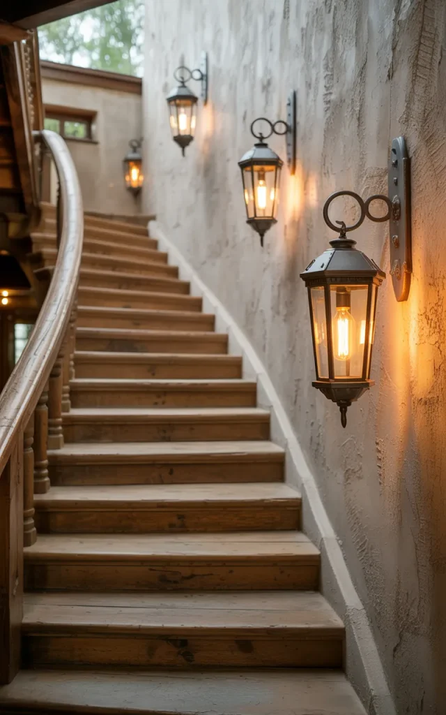 Hang lantern-style wall sconces along the staircase