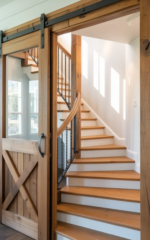 Install a sliding barn door near the staircase entry