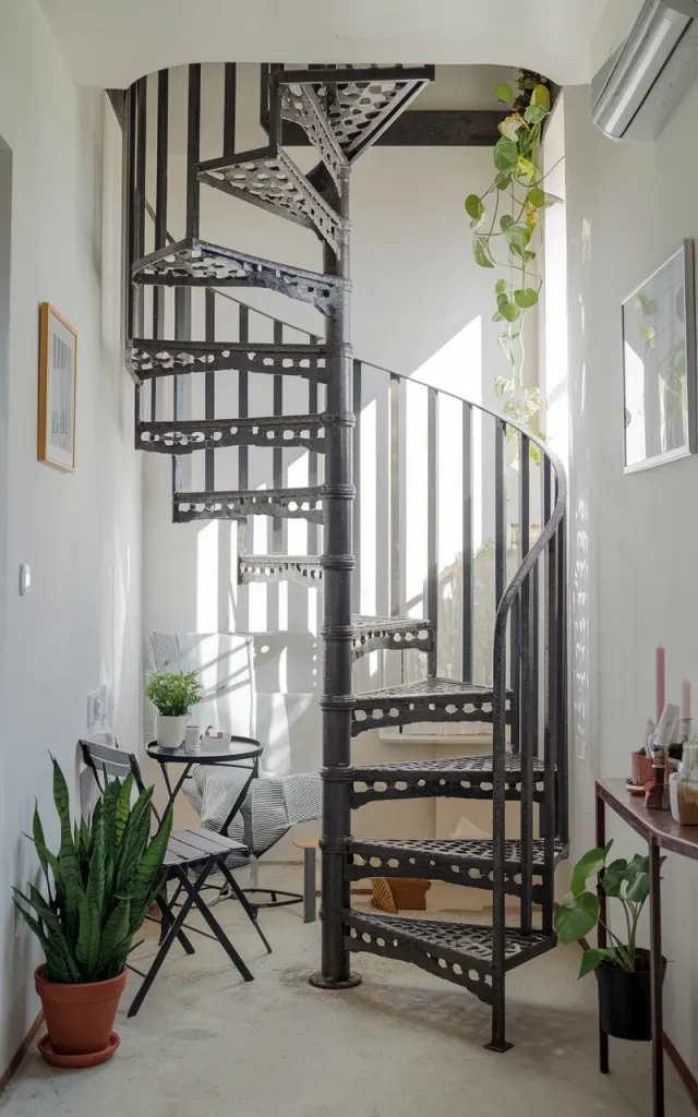 Install a spiral wrought iron staircase for compact spaces