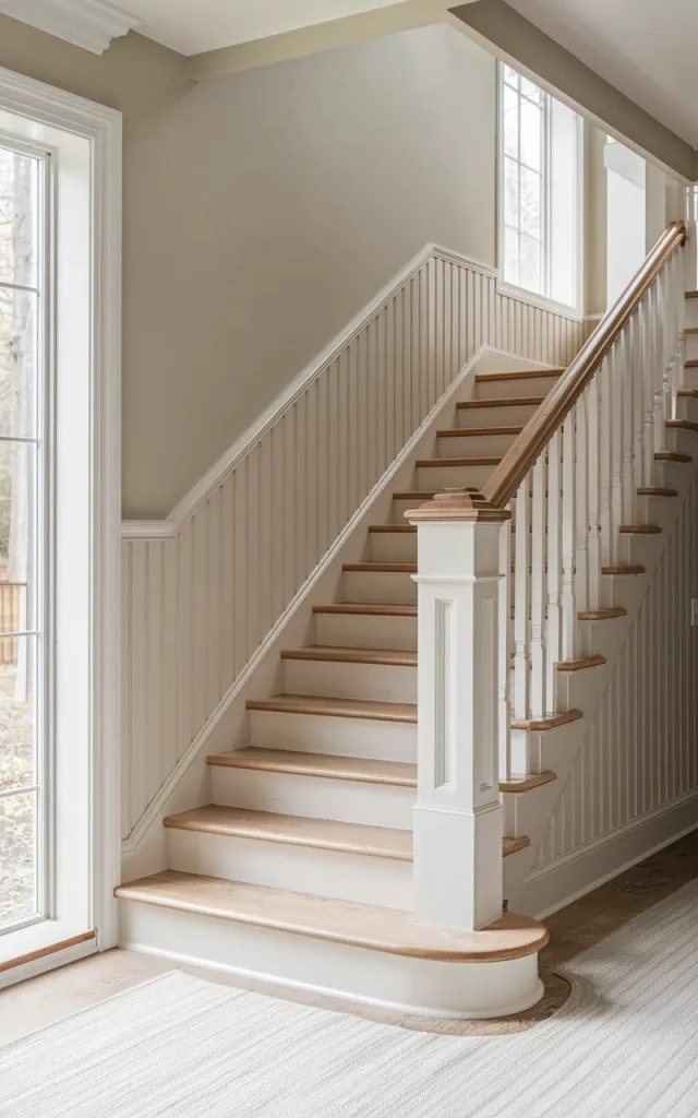 Install beadboard along the staircase trim