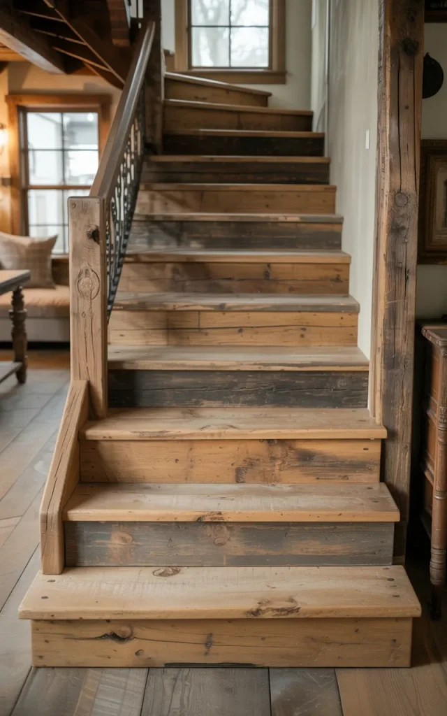 Install reclaimed wood stair treads