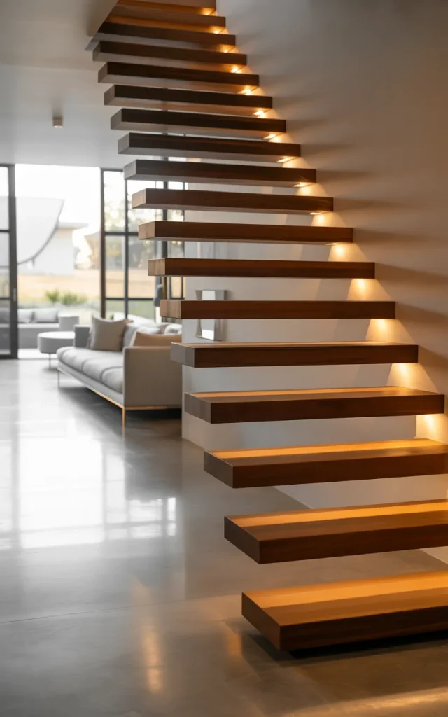 Integrate LED strip lighting beneath each tread