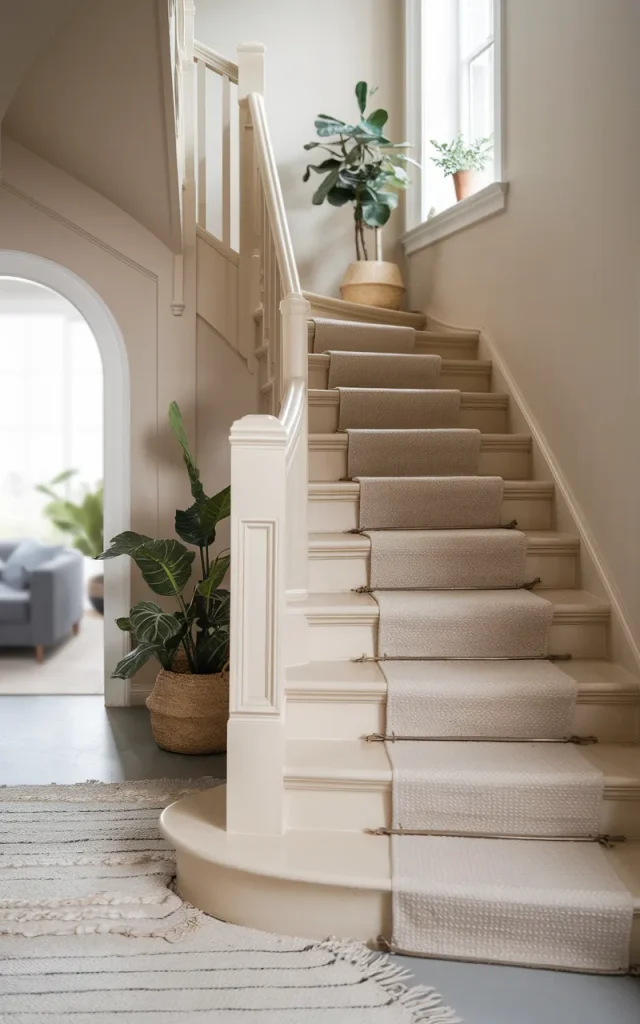 Introduce soft beige tones for a calming staircase