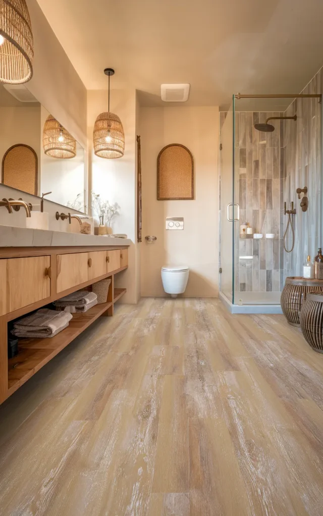 Lay wood-look porcelain planks for warmth