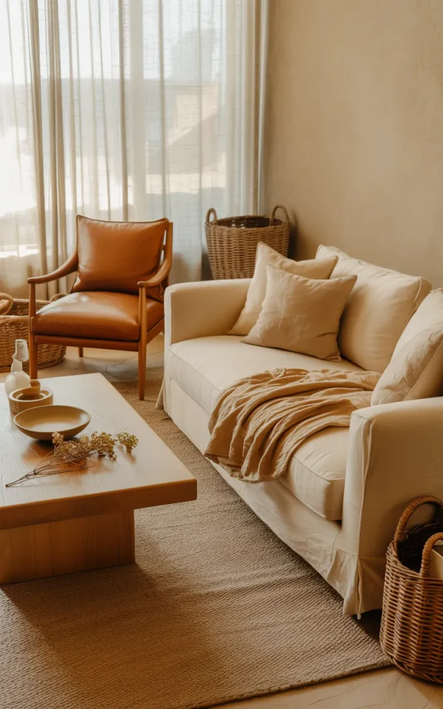 Layer a warm neutral palette