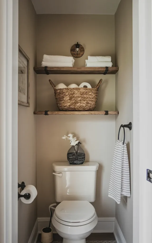 Mount a narrow shelf above the toilet.