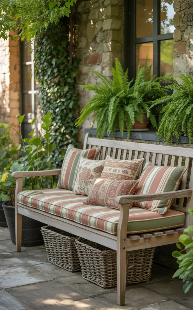 Pair a wooden bench with colorful cushions.