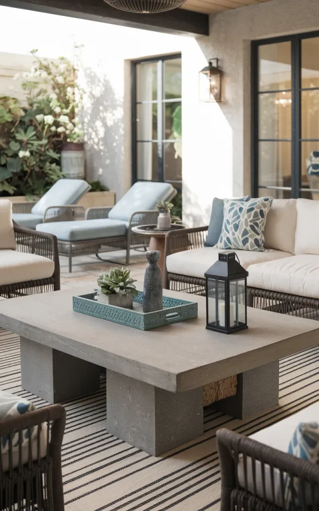 Style an outdoor coffee table as the centerpiece.