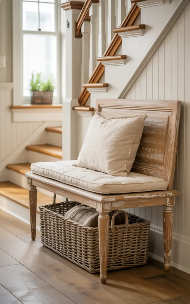 Style the landing with a rustic bench