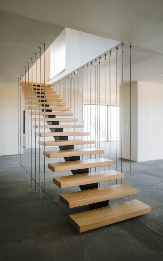 Use floating wooden steps for a minimalist feel