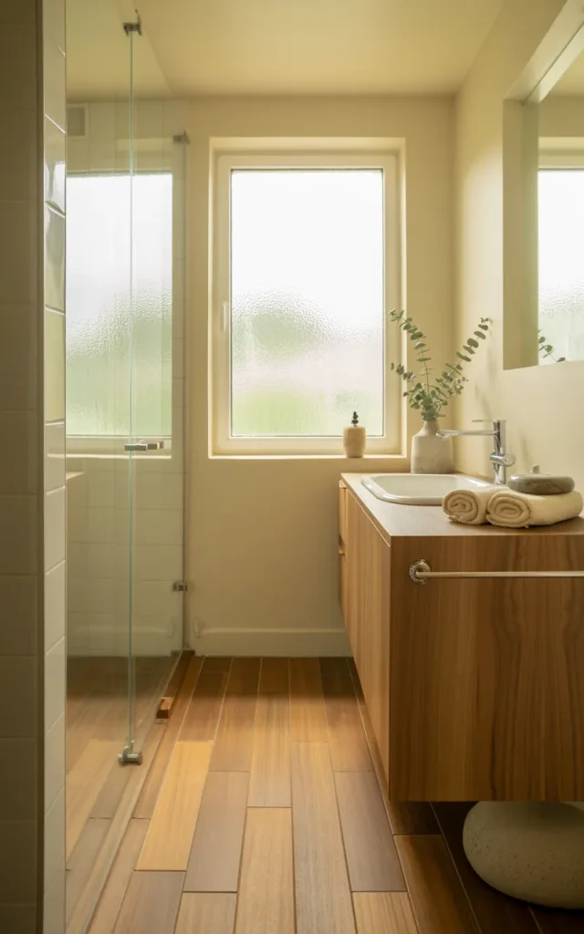 Use wood-look tile in a long, narrow bathroom
