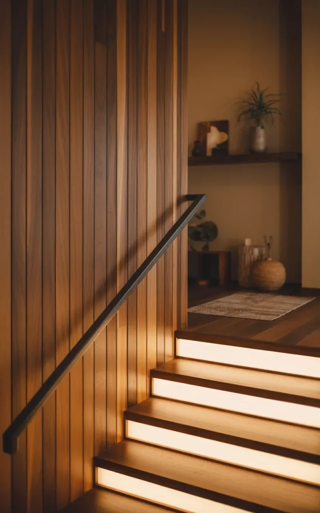 Wrap your staircase wall with vertical wood paneling