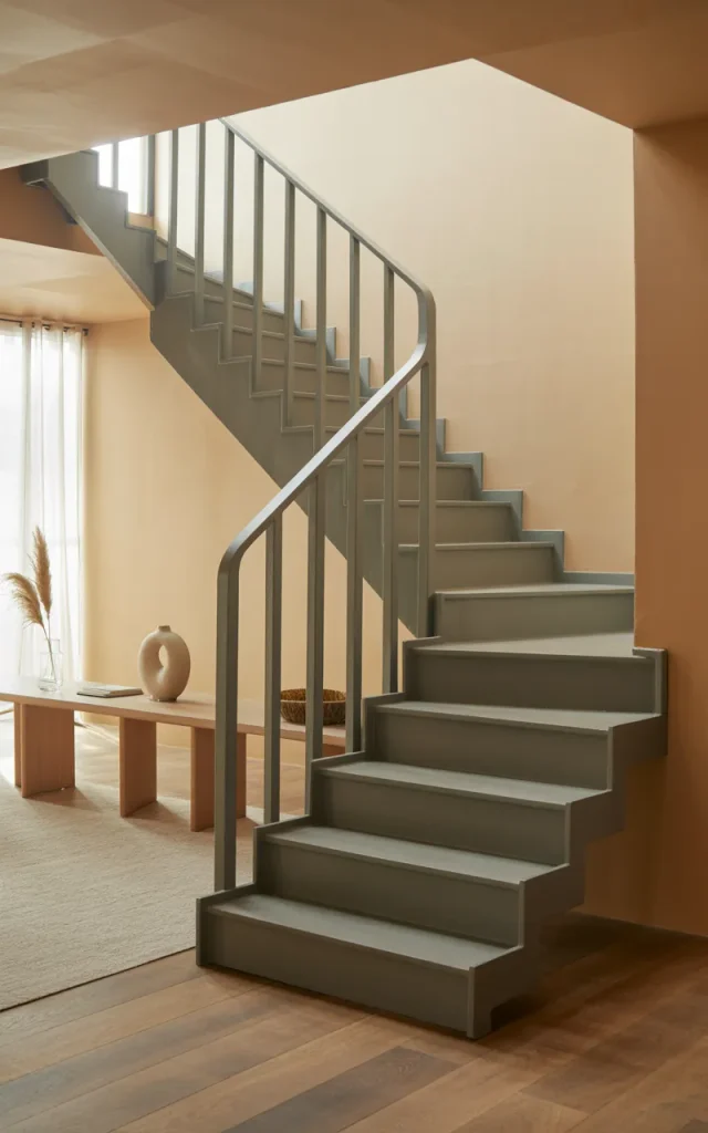 Add matte gray steel stairs with minimalist railings
