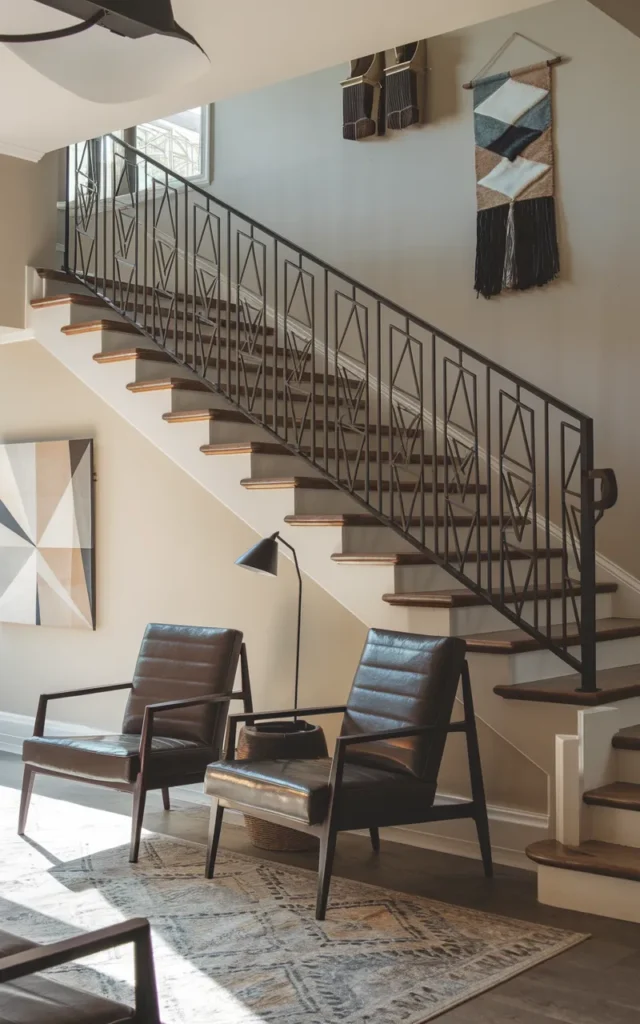 Combine iron spindles with geometric patterns for visual interest
