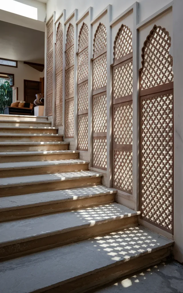 Combine jali screens along staircase walls