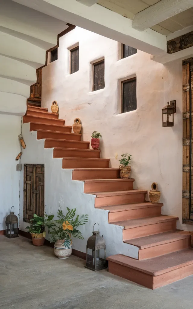 Create a terracotta staircase base for earthy warmth