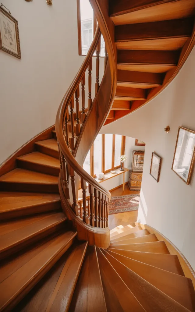 Design a full wooden spiral traditional staircase