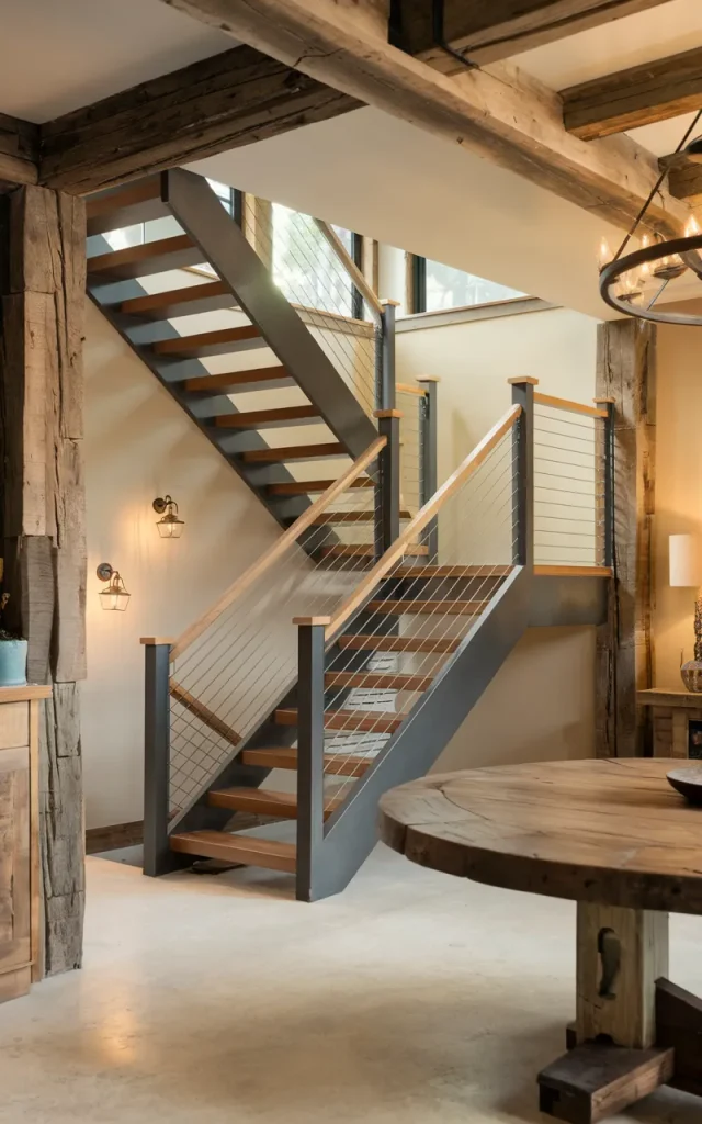 Design an open-riser steel staircase with wood accents