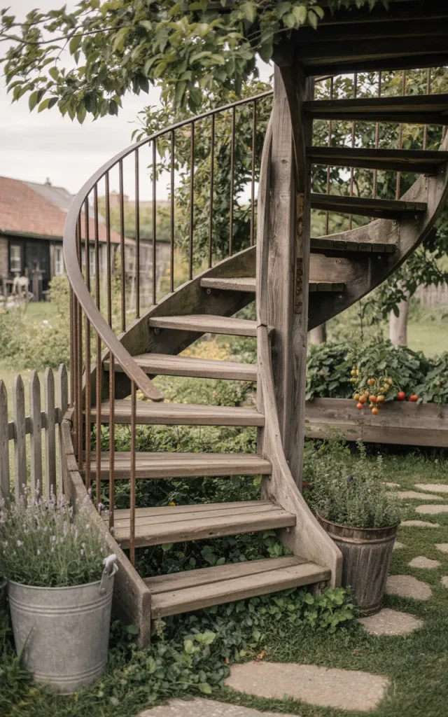 Install a spiral staircase with mixed material layering