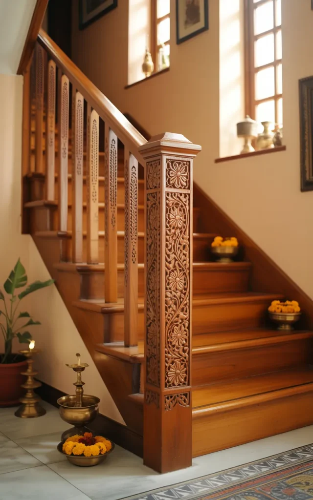 Install rich wooden handrails with carved detailing